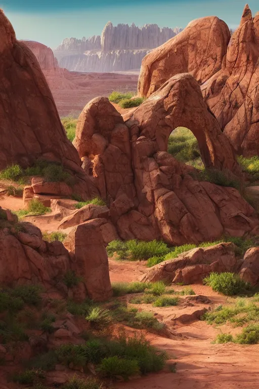 Image similar to beautiful utah desert, rock arcs, lush vegetation, landscape, alex ross, eddie mendoza, raphael lacoste, sebastian ludke, concept art, matte painting, highly detailed, rule of thirds, dynamic lighting, cinematic, detailed, magnificiant landscape, denoised, centerd