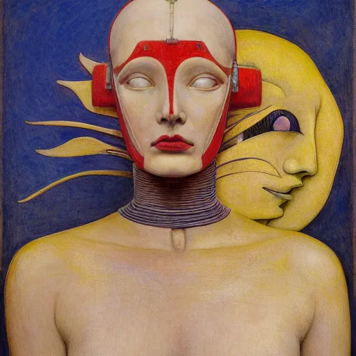 Prompt: the robot queen with her bird mask, by annie swynnerton and diego rivera and elihu vedder and jean delville, symbolist, dramatic lighting, elaborate geometric ornament, head and shoulders view, art brut, soft cool colors, smooth, sharp focus, extremely detailed, adolf wolfli, leo and diane dillon, nicholas roerich