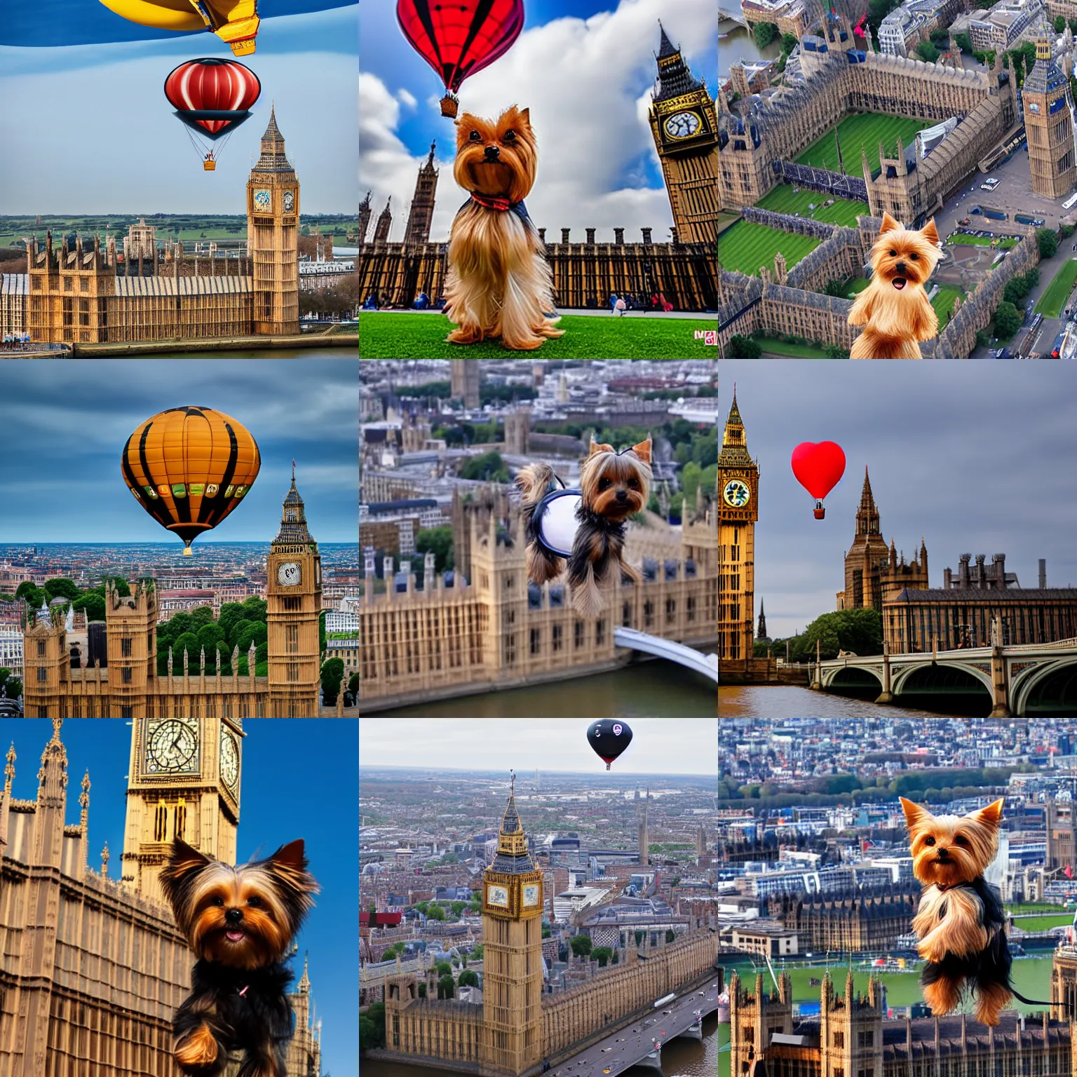 Prompt: yorkie dog flying on the balloon above Big Ben