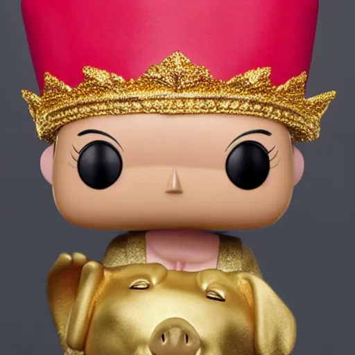 Image similar to A funko pop of a bag of a pig in a gold crown