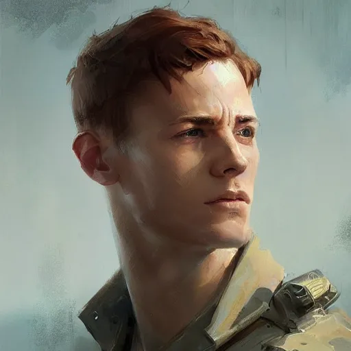Image similar to Portrait of a man by Greg Rutkowski, he is about 20 years old, short copper hair, attractive, military composure, younger brother vibes, he is wearing futuristic military fatigues, highly detailed portrait, digital painting, artstation, concept art, smooth, sharp foccus ilustration, Artstation HQ.