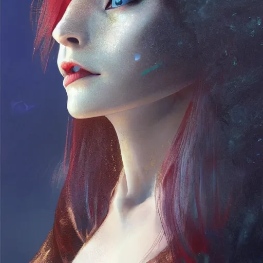 Image similar to redhead vampire sorceress, perfect face viewed in profile, bright glowing blue and silver eyes, gold shirt, cinematic, floating ash, stunning, highly detailed, artstation, smooth, hard focus, concept art, art by artgerm and greg rutkowski and alphonse mucha, volumetric lighting, octane render, 4 k resolution, trending on artstation, masterpiece