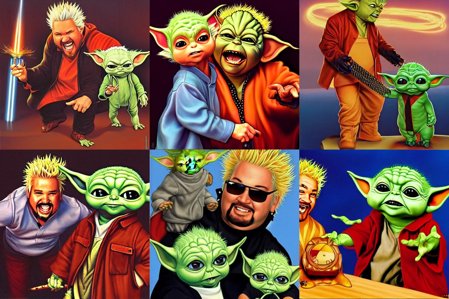 Prompt: guy fieri and baby yoda rock duet by greg hildebrandt