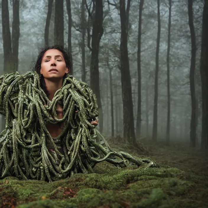 Image similar to a closeup of a woman wrapped in chains, dragging a pile of chains, in a foggy mossy forest, by Omar Z. Robles, CANON Eos C300, ƒ1.8, 35mm, 8K, medium-format print