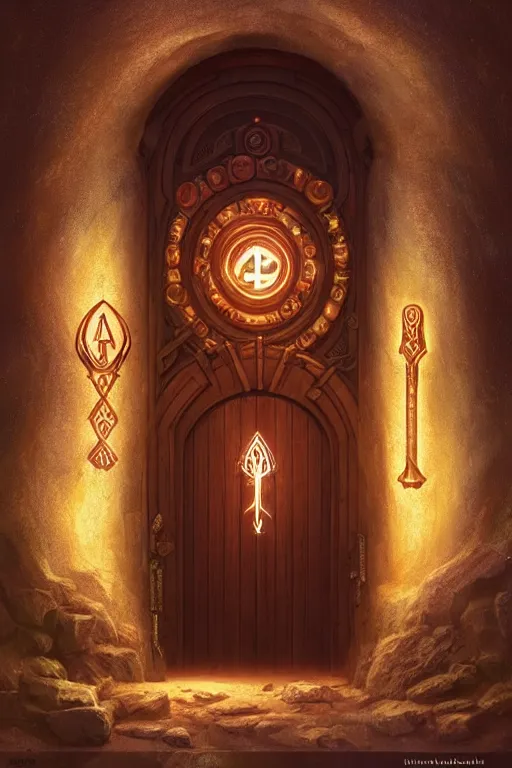 Image similar to an elaborate arched wooden door with glowing runes and a magical keystone. stone steps lead up to the door. by mike allred and moebius and karol bak sharp digital painting. dreaming latent space. matte painting, concept art. artstation. digital render. realistic, 8 k