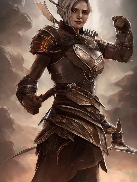 Image similar to a beautiful hyper realistic detailed epic concept art showing a noble knight women with her fist up and her spirit raccoon gradian above her, in the style of dragon age, featured on artstation