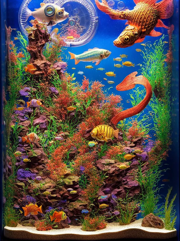 Prompt: intricate detailed mechanical fish aquarium glass display james gurney, lisa frank, dan luvisi, petros afshar, tim hildebrandt, liam wong, mark riddick, thomas kinkade, ernst haeckel, dan mumford, trending on artstation, josephine wall, wlop, cgsociety by gediminas pranckevicius, trending on cgsociety and deviantart