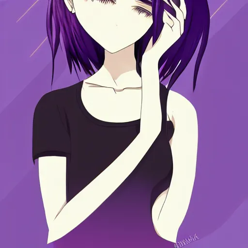 Prompt: anime girl with short purple hair and cat ears and a black tank top, aesthetic, digital art, high definition