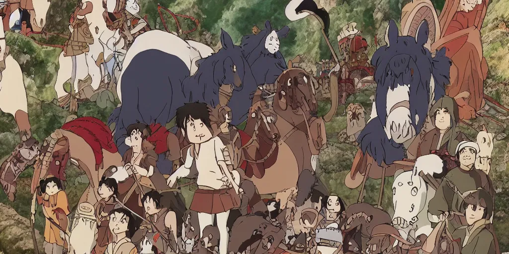 Image similar to war, horses, knights, king, a magical palace on a mountain, miyazaki's animated film, ghibli studio, spirited away, princess mononoke,