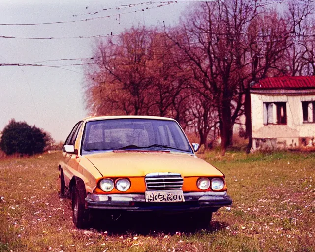 Image similar to a lomographic photo of old lada 2 1 0 7 standing in typical soviet yard in small town, hrushevka on background, cinestill, bokeh