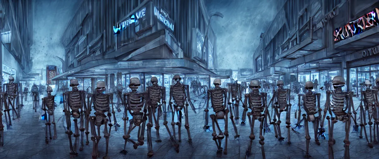 Image similar to hyperrealistic skeleton army mall in background ute osterwald jason limon concept art dramatic blue lighting wide angle hd 8k sharp shallow depth of field