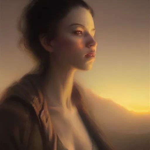 Prompt: portrait of wanny difillipo, sunset, gorgeous view, depth, painted by seb mckinnon, high detail, digital art, painted by greg rutkowski, trending on artstation