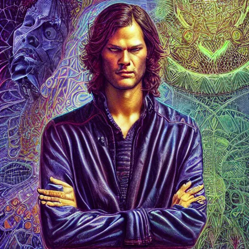 Image similar to portrait of jared padalecki, hyper detailed masterpiece, neon floral pattern, jean giraud, digital art painting, darkwave goth aesthetic, psychedelic, artgerm, donato giancola and tom bagshaw