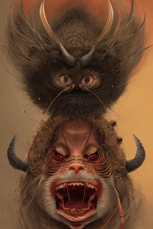 Image similar to a portrait of a japanese devil animal illustrated by miyazaki by karol bak, james jean, tom bagshaw, rococo, sharp focus, trending on artstation, cinematic lighting, hyper realism, octane render, 8 k, hyper detailed, vivid, ultra detailed, highly detailed