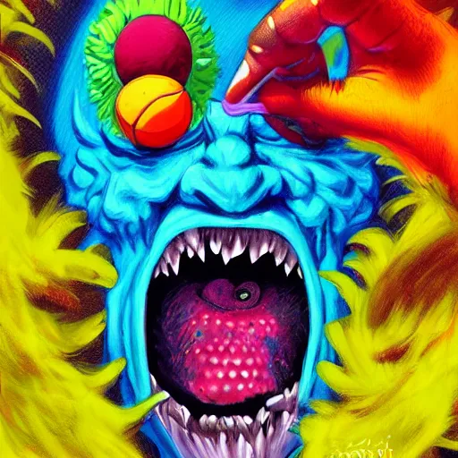 Image similar to a tennis ball monsters, devil colorful, digital art, fantasy, magic, chalk, trending on artstation, ultra detailed, professional illustration by basil gogos