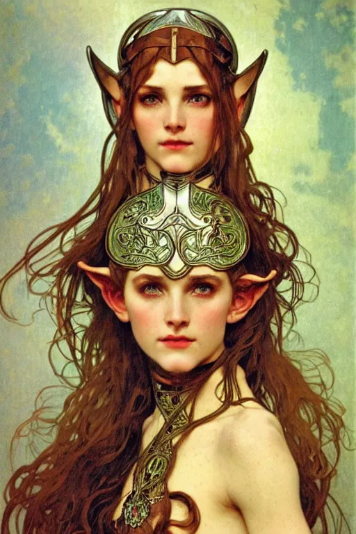 Prompt: head and shoulders portrait of an eldritch knight, elf, beautiful, female, breastplate, magical, high fantasy, d & d, by alphonse mucha, face details, extremely detailed, vogue fashion photo