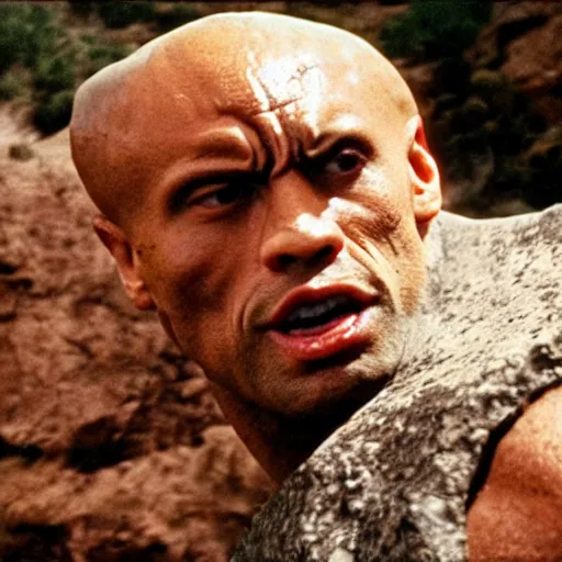 Image similar to film still of the rock in a rock costume