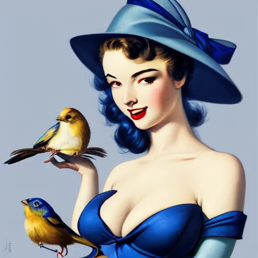 Image similar to pinup girl holding an indigo bunting, bird, the bird is wearing a bowtie, by greg rutkowski, rossdraws, gil elvgren, enoch bolles, anime, porcelain skin, very coherent