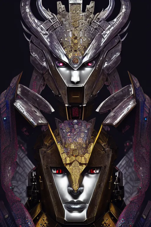 Image similar to asura from chinese myth, ghost, luxurious armor mixed with leather and metal, dystopian, cyberpunk, mecha, halfturn portrait of a big crystal face made of crystals half - turn, ominous, intricate, studio, art by anthony macbain + greg rutkowski + alphonse mucha, concept art, 4 k, sharp focus