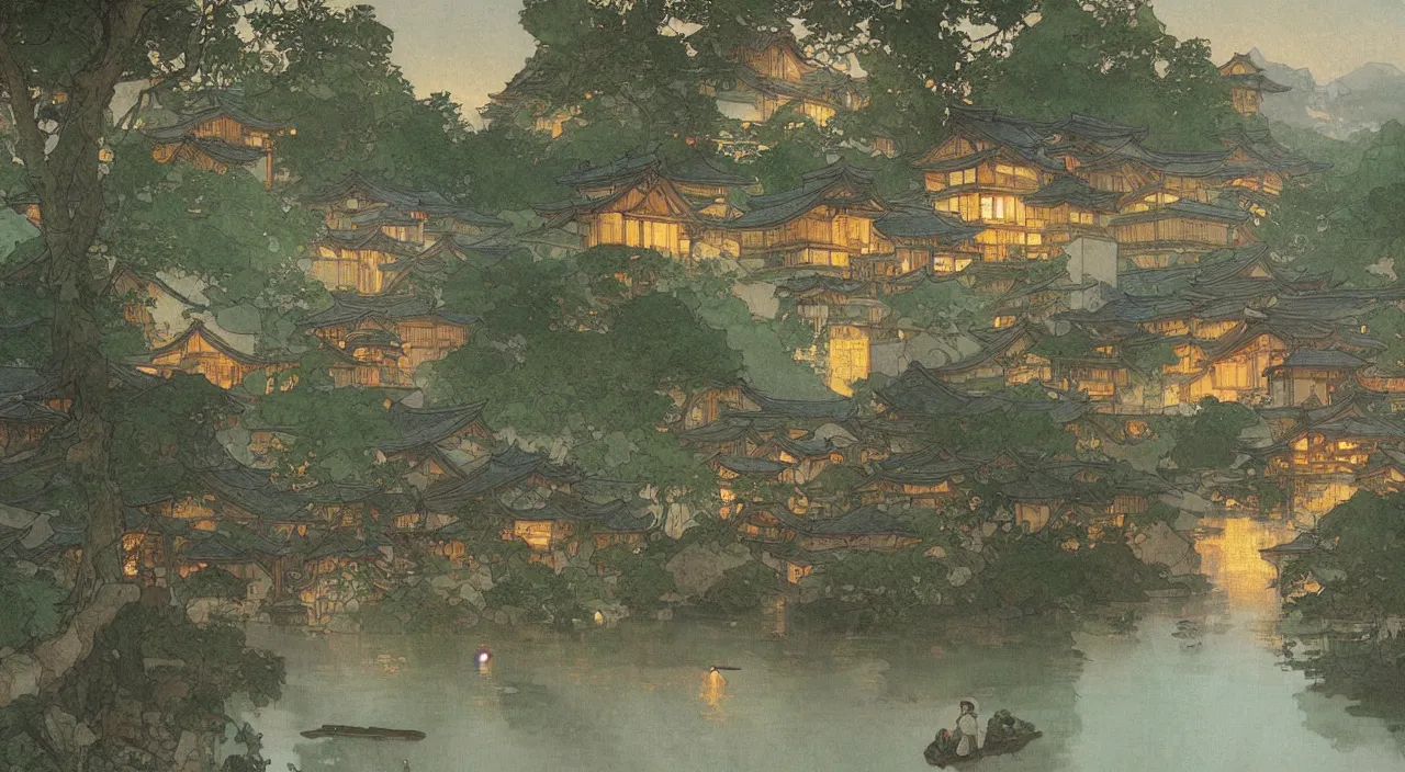 Image similar to A beautiful landscape painting of a small japanese village by a lake at night by Alfons Maria Mucha and Julie Dillon and Makoto Shinkai