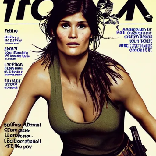 Image similar to Portrait of Gemma Arterton as Lara Croft, Detailed and realistic, magazine cover