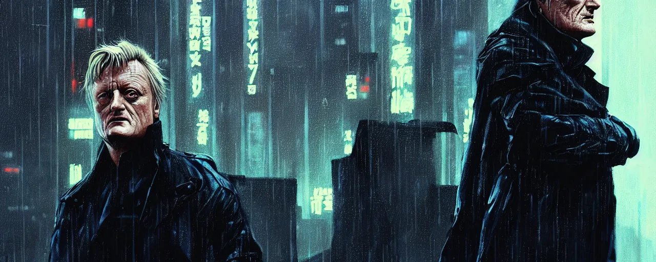 Image similar to duotone tech noir concept illustration 3 / 4 portrait of rutger hauer as roy baty in blade runner on rooftop in rain. cinematic volumentric lighting. accidental renaissance. by sachin teng and sergey kolesov and ruan jia and heng z. graffiti art, scifi, fantasy, hyper detailed. octane render. concept art. trending on artstation