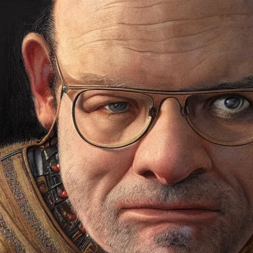 Image similar to george costanza as a realistic d & d fantasy character, closeup portrait art by donato giancola and greg rutkowski, vintage retro, realistic face, digital art, trending on artstation, symmetry!!