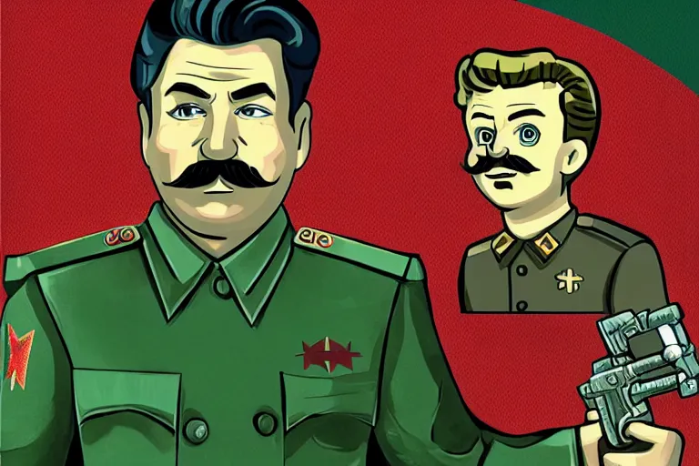 Prompt: stalin as a vault boy from fallout, pipboy art, highly detailed, green hologram