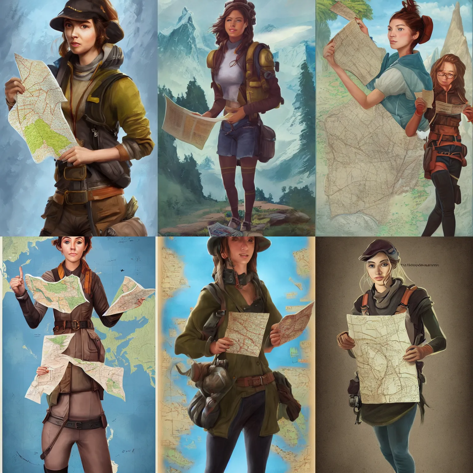 Prompt: A portrait of a female explorer holding a map, full body shot, scenic view, trending on artstation