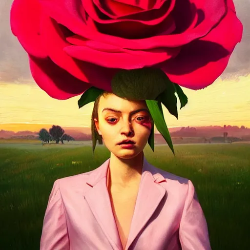 Image similar to giant rose flower head, frontal, girl in a suit, surreal photography, sunrise, dramatic light, impressionist painting, digital painting, artstation, simon stalenhag