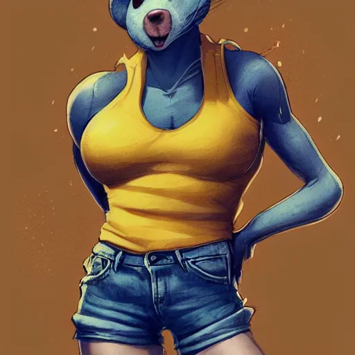 Image similar to anthropomorphic mouse wearing denim short shorts and yellow tank top, highly detailed, artgerm style, artstation, soft light, sharp focus, illustration, character design, concept art