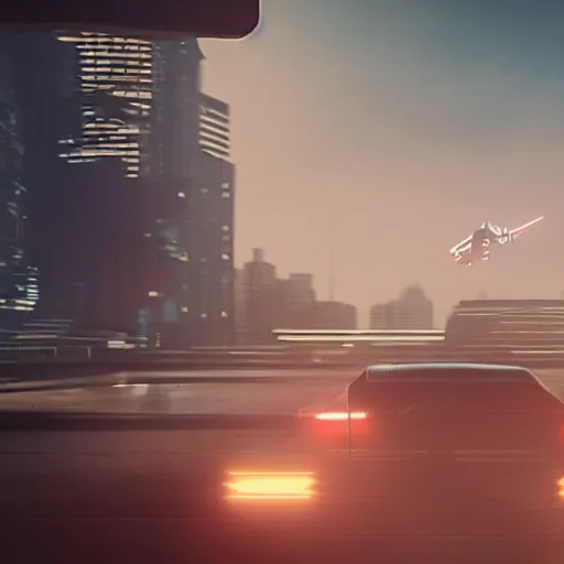 Image similar to flying car in cityscape, blade runner 2049, shallow depth of field medium shot, award winning, gritty, god rays