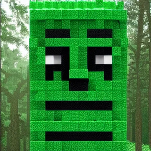 Prompt: a photo of a minecraft creeper in real life in the woods
