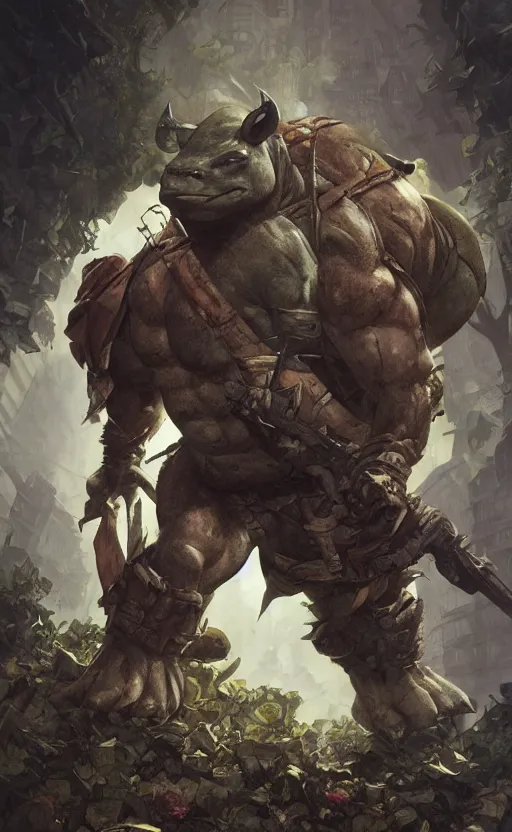 Prompt: rocksteady from tmnt, rhino, rugged, handsome, male, atmospheric lighting, amazing, full body, thighs, armpit, flowers, muscular, intricate, highly detailed, digital painting, deviantart, concept art, sharp focus, illustration, art by greg rutkowski and alphonse mucha