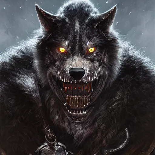 Image similar to portrait painting of a cybernetic werewolf warrior with white fur and silver fangs wearing black power armor, ultra realistic, concept art, intricate details, eerie, highly detailed, photorealistic, octane render, 8 k, unreal engine. art by artgerm and greg rutkowski and alphonse mucha