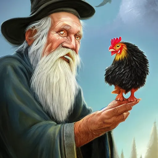 Image similar to a kind old wizard with a long white beard looking a confused, holding a pet chicken perched top of his hat, wearing a blue robe, grey eyes, realistic, detailed, trending on ArtStation, by Tony Sart