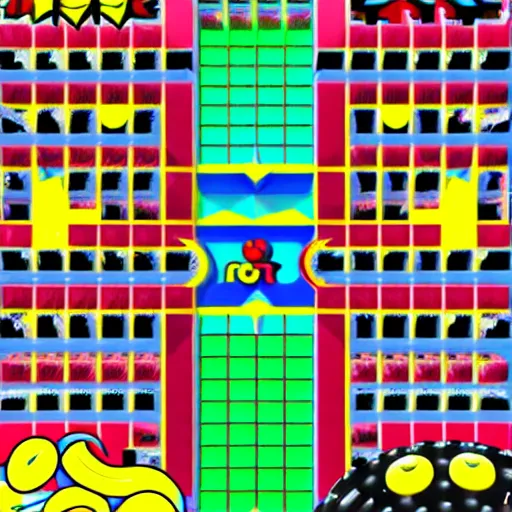 Image similar to a screenshot from the game Pac-Man, first-person view