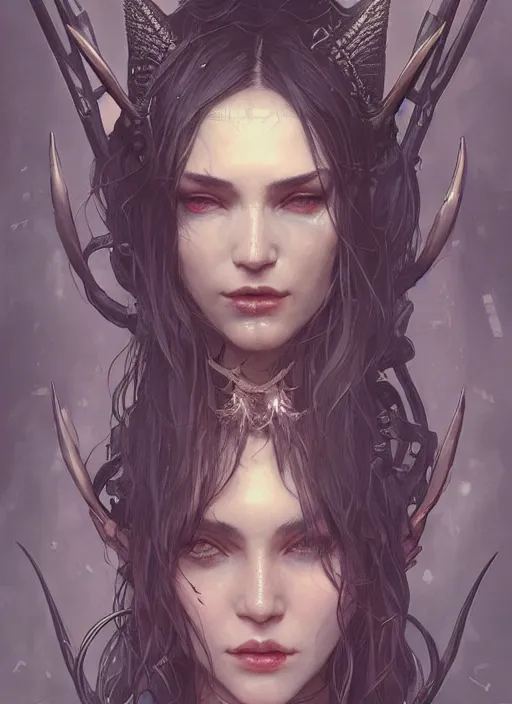 Image similar to a beautiful illustration of a cyberpunk witch with horns in head, intricate, sharp focus, illustration, highly detailed, digital painting, concept art, matte, art by wlop and artgerm and greg rutkowski and alphonse mucha, masterpiece