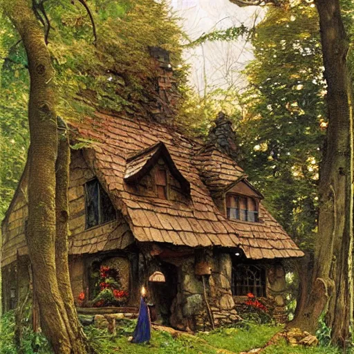 Image similar to witch cottage in the forest, art by norman rockwell and donato giancola and greg rutkowski