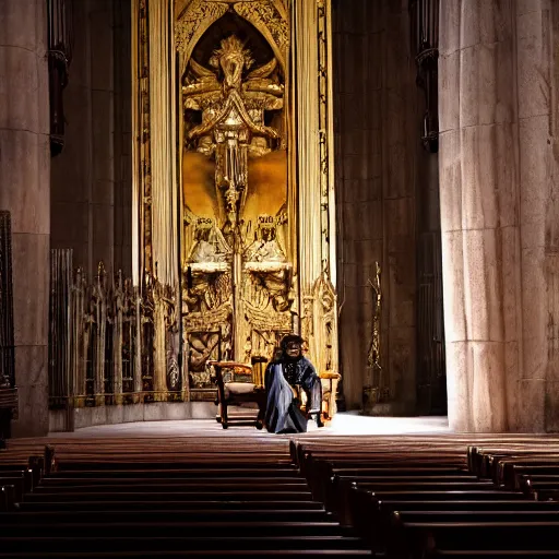 Image similar to man in large throne room of grand cathedral, sitting alone with sword, shadows, fantasy, wallpaper