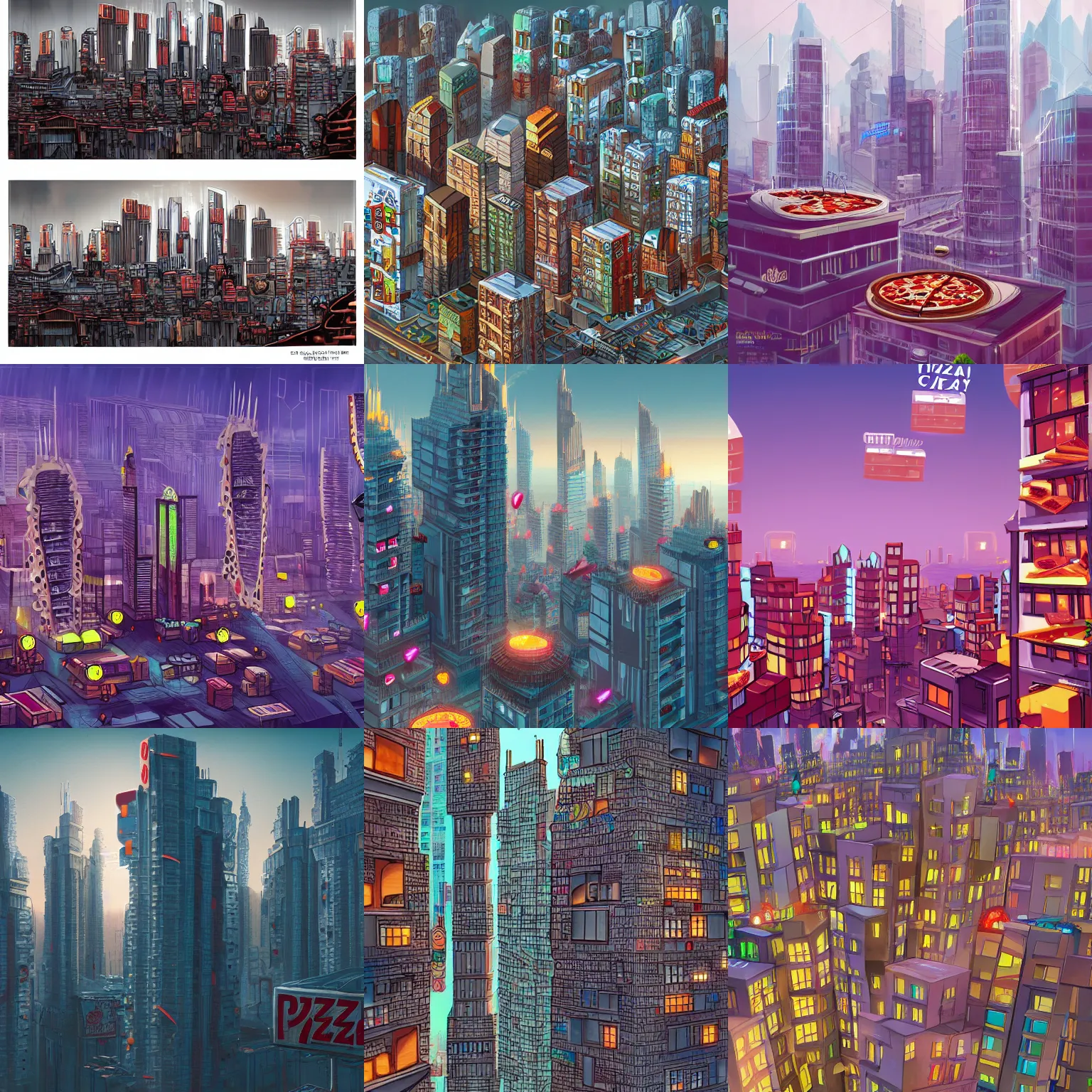 Prompt: a pizza city, pizza buildings, pizza skyscrapers, digital art, cyberpunk, artstation, concept art