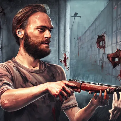 Image similar to Pewdiepie killing a zombie with a gun, dynamic lighting, oil painting, 8k, detailed, cinematic, futuristic