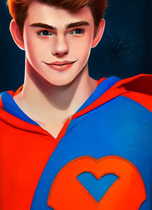 Image similar to friendly teenage archie andrews wearing an orange superhero costume with heart logo, heart, freckles, blue cape, heart emblem on chest, blue cape, intricate, elegant, glowing lights, highly detailed, digital painting, artstation, sharp focus, illustration, art by wlop, mars ravelo and greg rutkowski