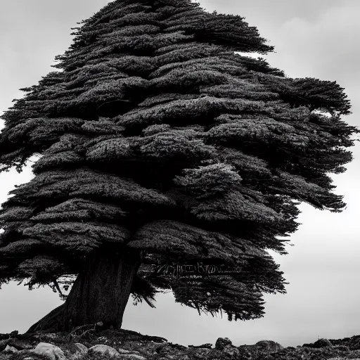 Image similar to photograph of cedar of lebanon resembling masculine strong man, ultra detailed, DSLR photography, high contrast.