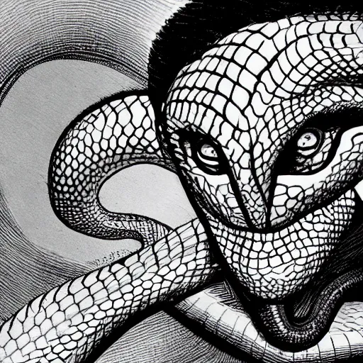 Prompt: a snake with a human face, kentaro miura art style