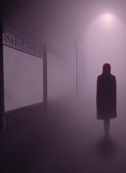Prompt: A cinematic still from A Nightmare on Elm Street (1984), particles, volumetric light, hyperrealistic, ultradetailed, ominous, octane render, neon, fog