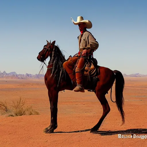 Image similar to gunslinger on a horse overlooking the desert, by Bruce Trimm and Eric Radomski