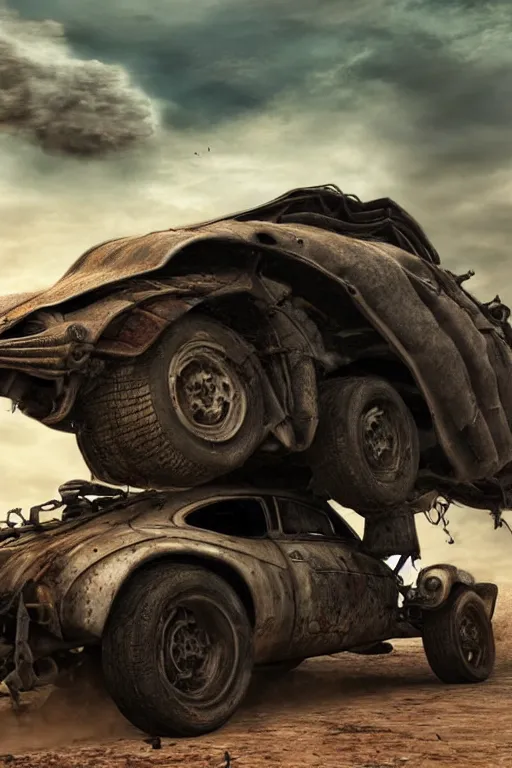 Image similar to ultra realist 3d soft paint of a gothic four wheel vehicle fully armored, Mad Max and Fallout, symmetry accurate features, very intricate details, ominous sky, volumetric light clouds, post apocalyptic background