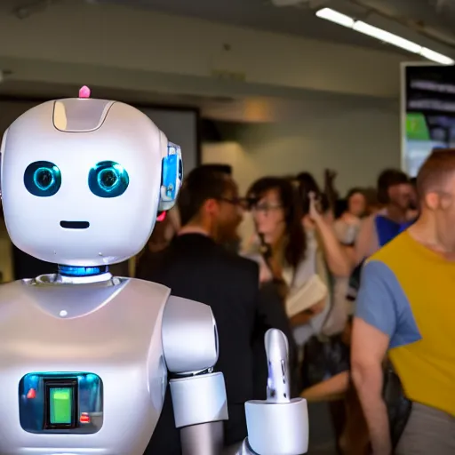 Image similar to LOS ANGELES, CA July 7 2025: Happy Open-Source Self-Aware Robot Convention, Cute Robot Wants A Hug From Attendant