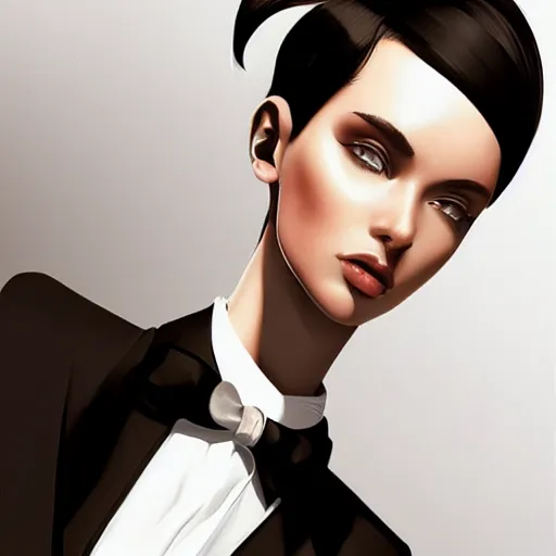 Image similar to slim girl in tuxedo with short black hair, elegant, 2d, ultra highly detailed, digital painting, smooth, sharp focus, artstation, portrait art by Ilya Kuvshinov